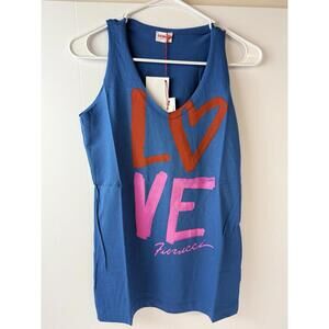 Fiorucci Designer Tank Top Blue Love Scoop‎ Neck Shirt Size XXS Italy Cotton